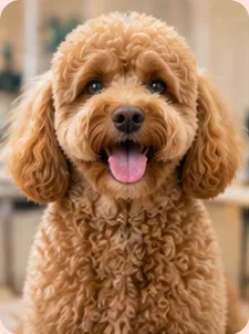 A freshly groomed apricot poodle sitting and smiling